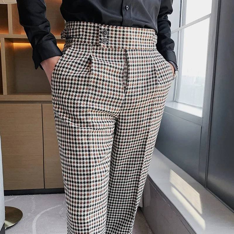 Men's Retro Straight Plaid High Waist Casual Trousers