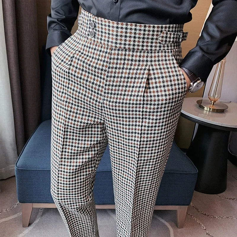 Men's Retro Straight Plaid High Waist Casual Trousers