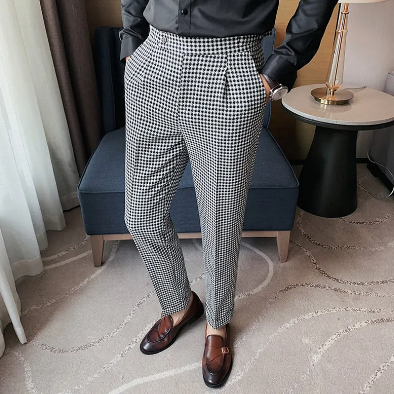 Men's Retro Straight Plaid High Waist Casual Trousers