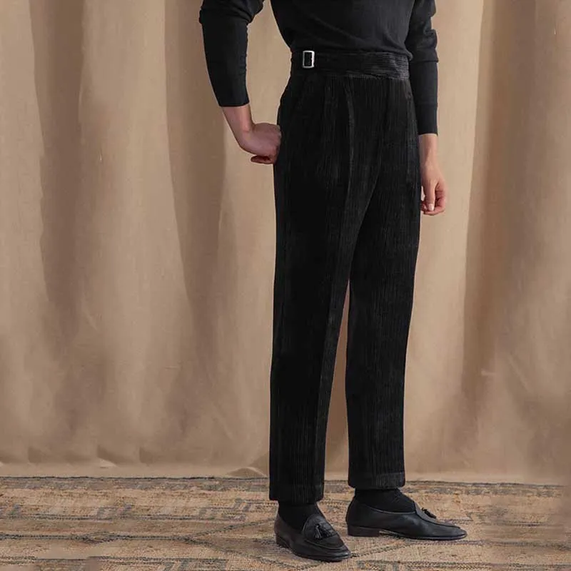 Men's Vintage Neapolitan High Waisted Pants Western Pants Chenille Fleece Warm Casual Trousers