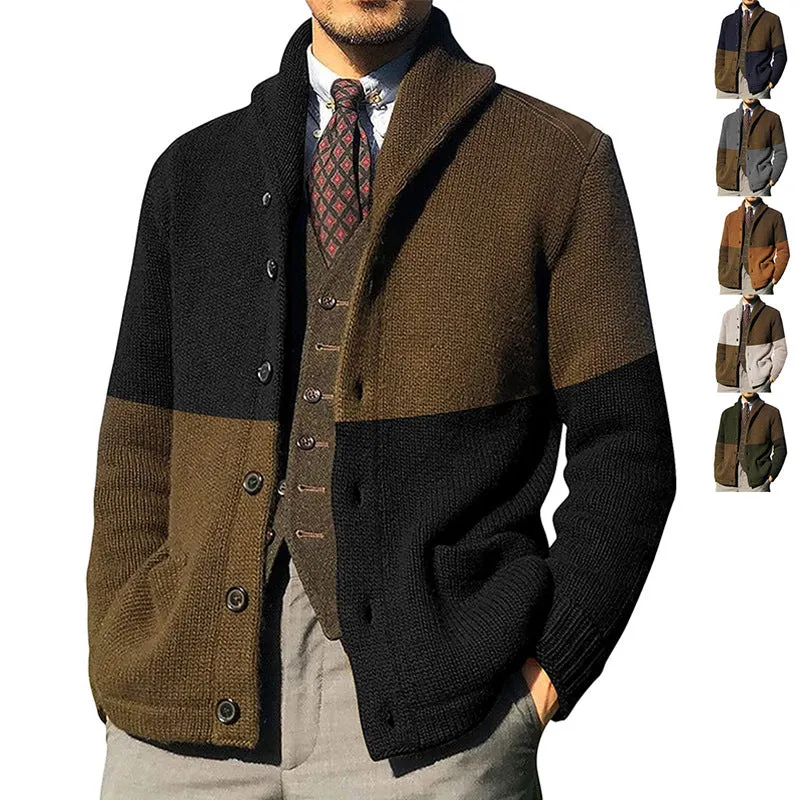 Mens Winter Colorblock Cardigan Single-Breasted Knitted Sweater Jacket