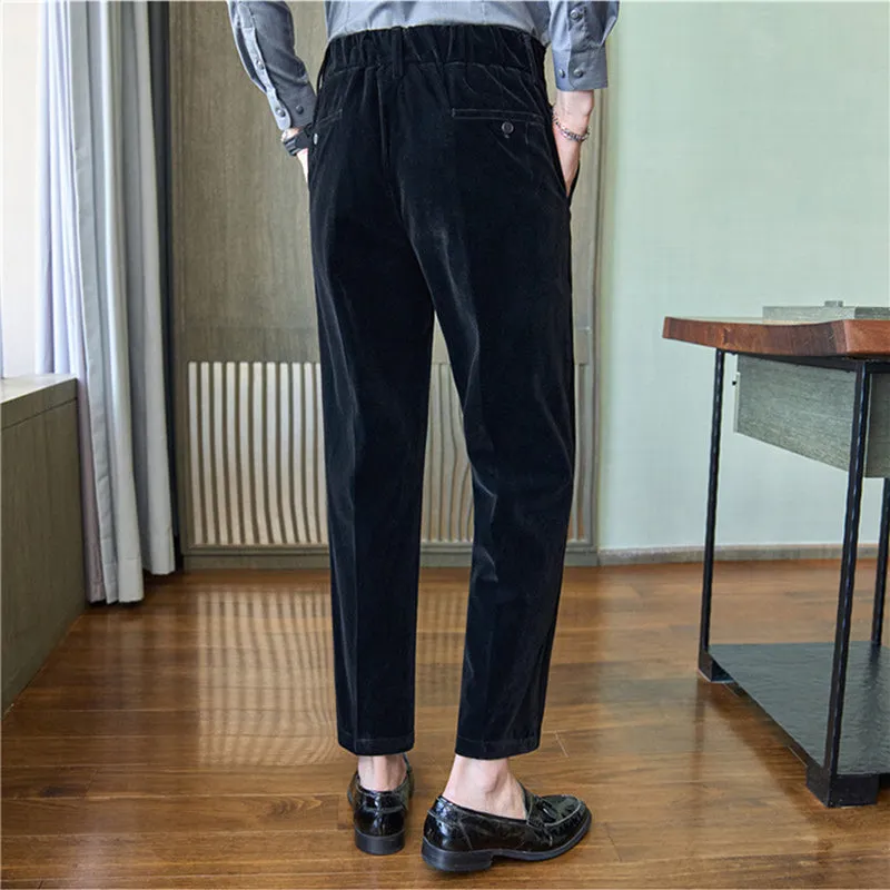 Mens Winter Thickened Velvet High Waist Pants Casual Trousers