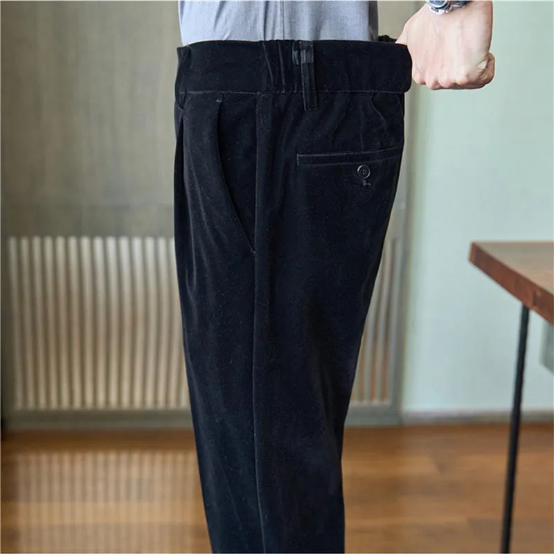 Mens Winter Thickened Velvet High Waist Pants Casual Trousers