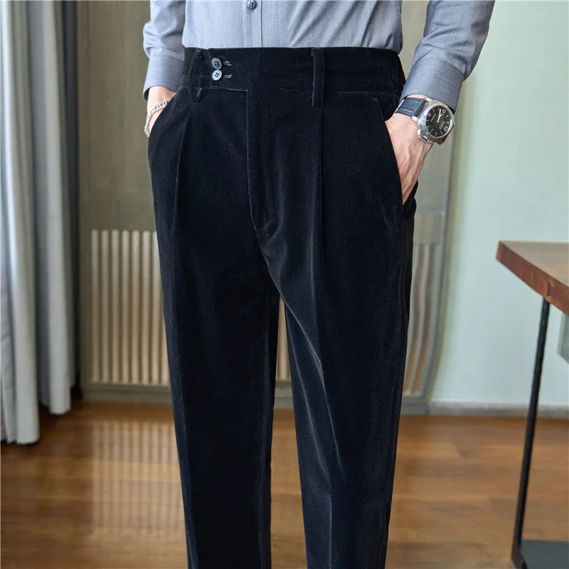 Mens Winter Thickened Velvet High Waist Pants Casual Trousers