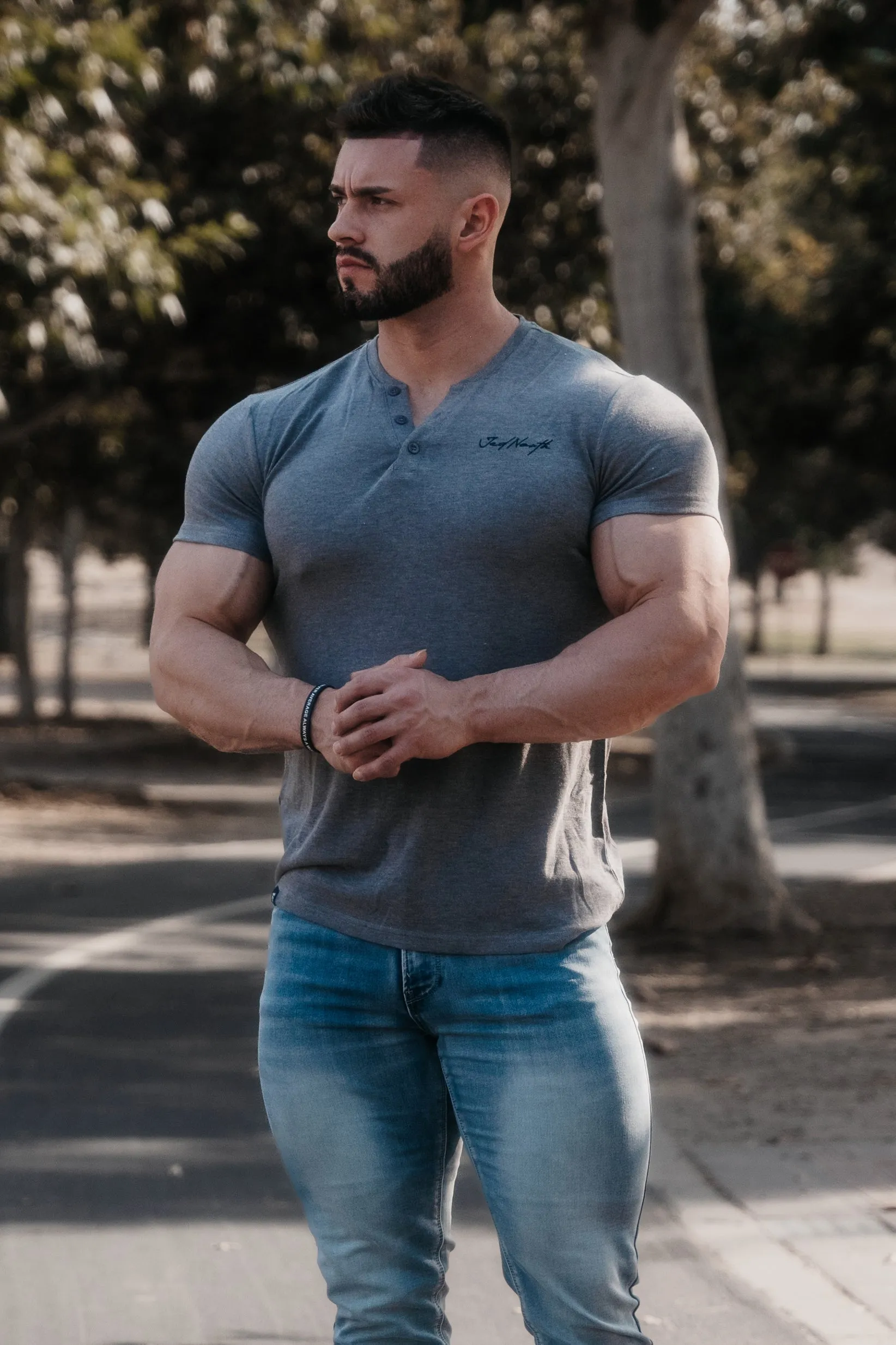 Muscle Fit Henley T-Shirt - Gray