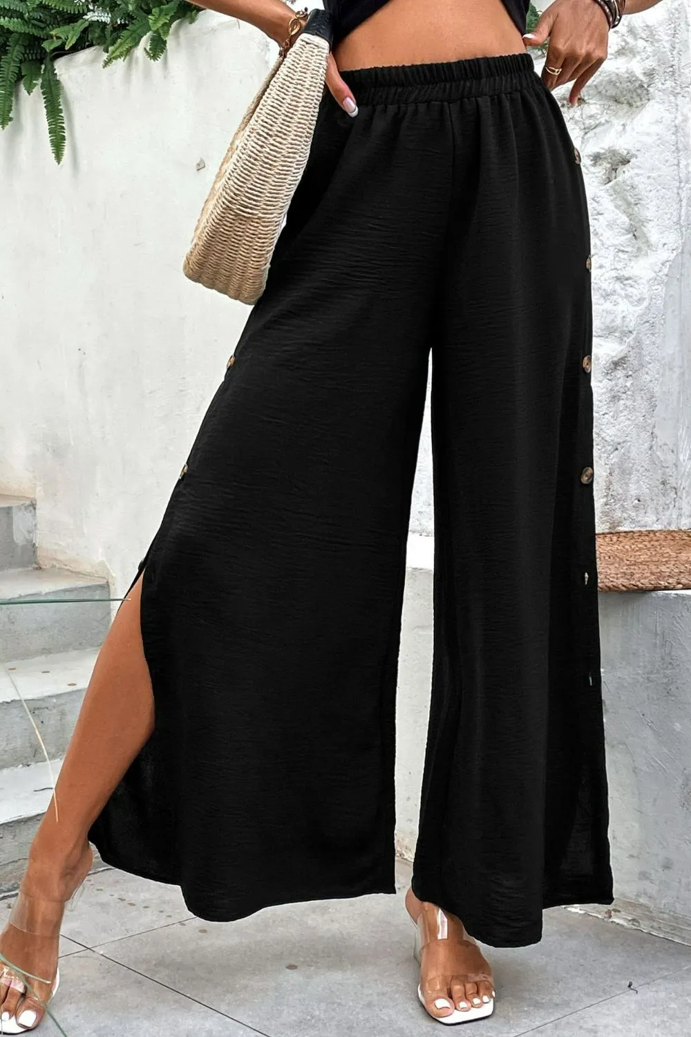 My Happy Place Button Detail Elastic Waist Wide Leg Pants