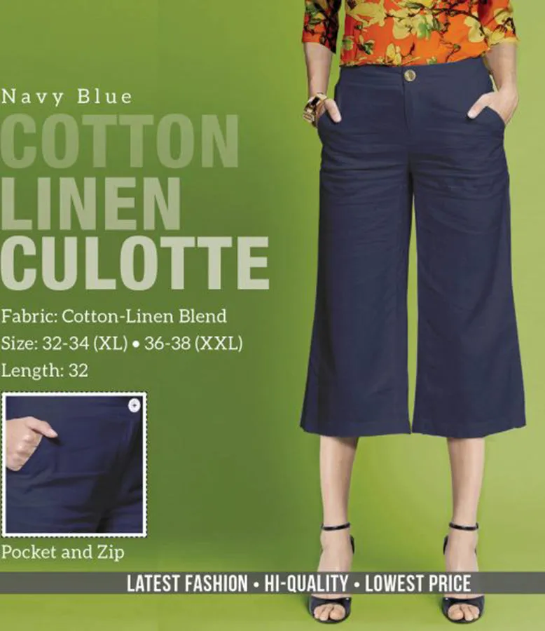 Navy Blue Linen Cotton Culottes Pants for women