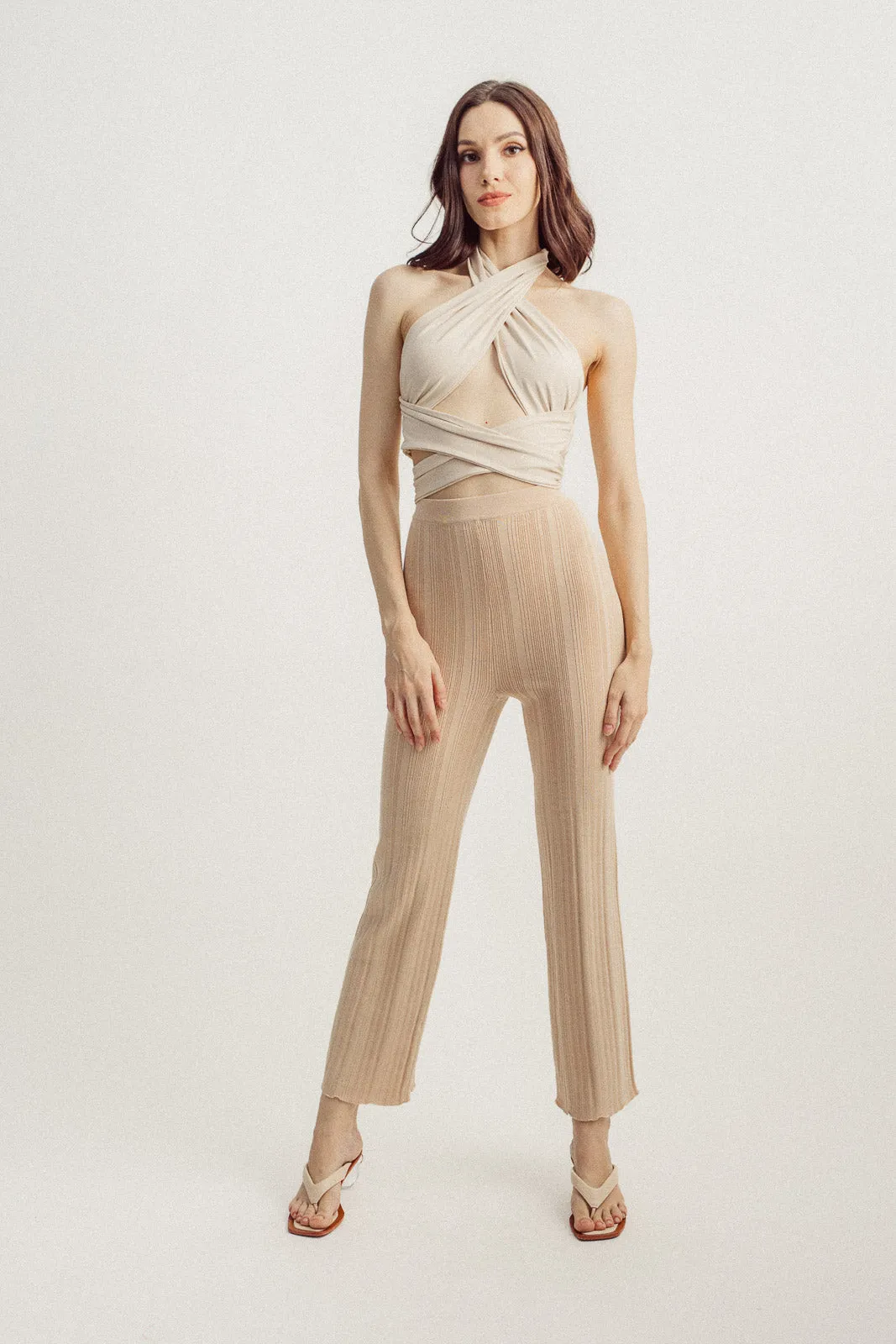 Neeca Khaki Knitted Elastic Waist Straight Cut Culottes