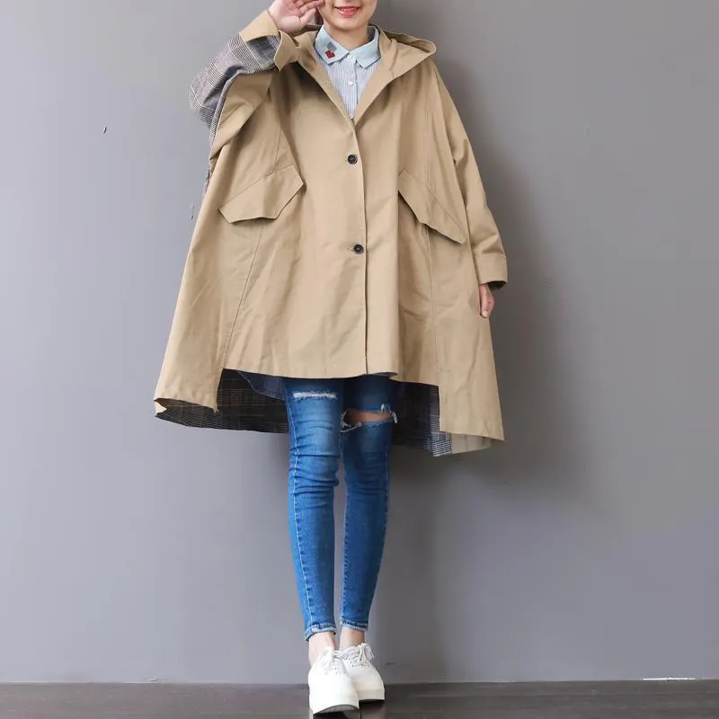 New khaki Coats plus size hooded low high design Coat boutique patchwork Winter trench coat