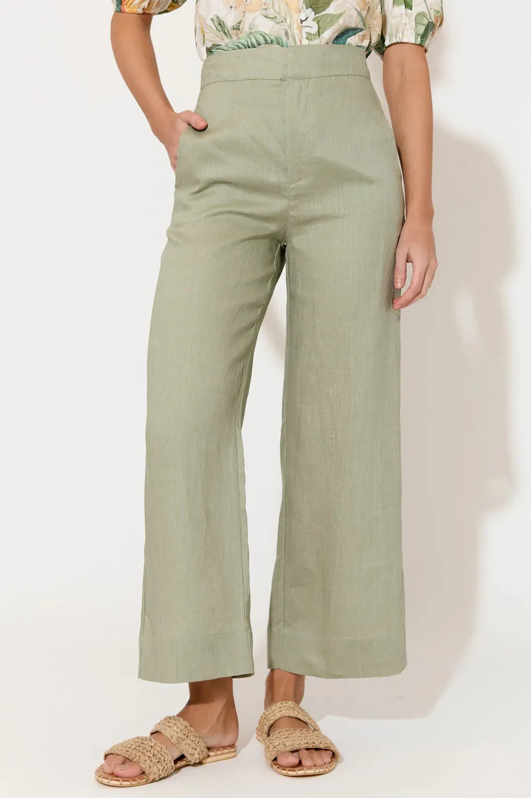 Nisha Cropped Linen Pant Sage Green