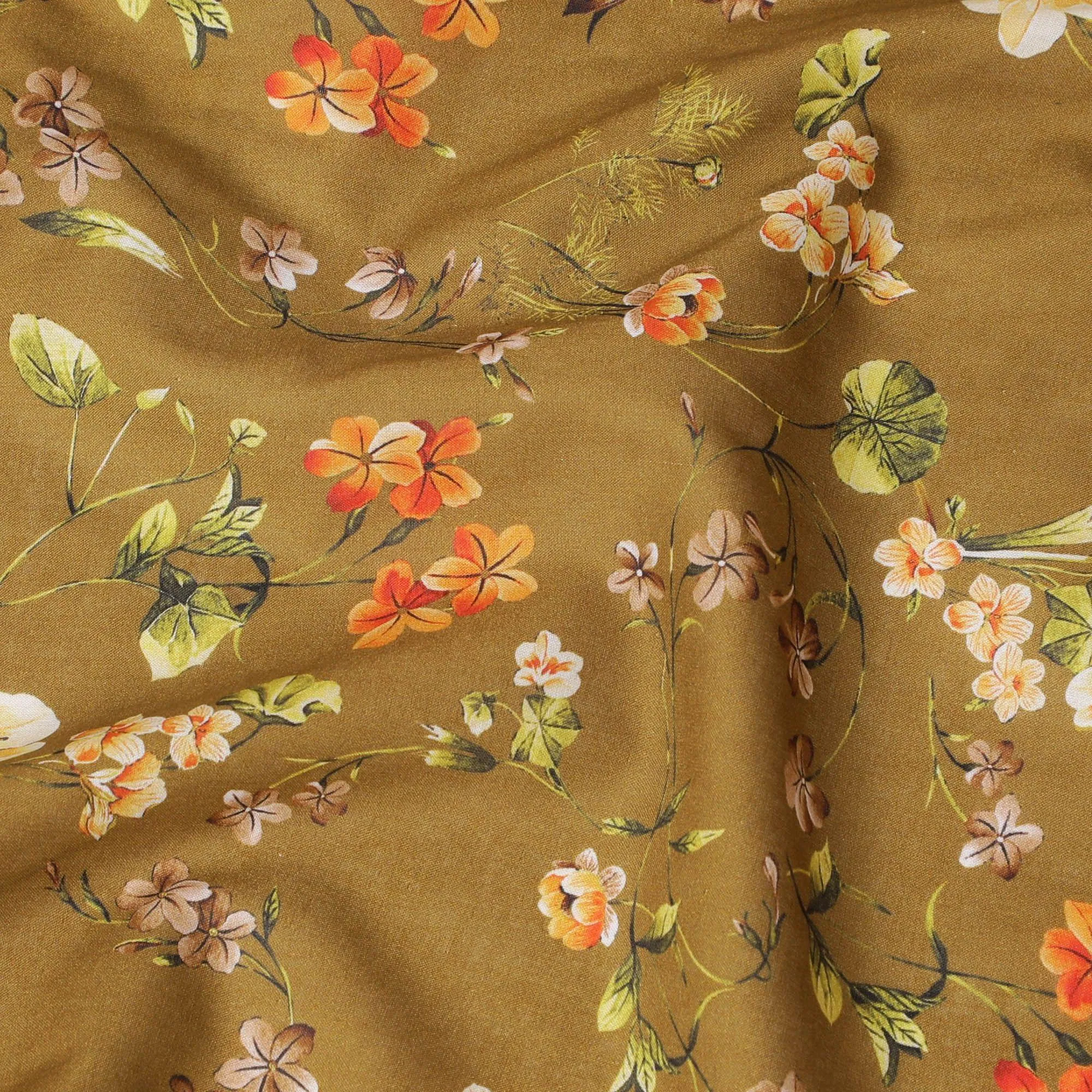 Olive green cotton lawn fabric with multicolor print in floral design-D15263