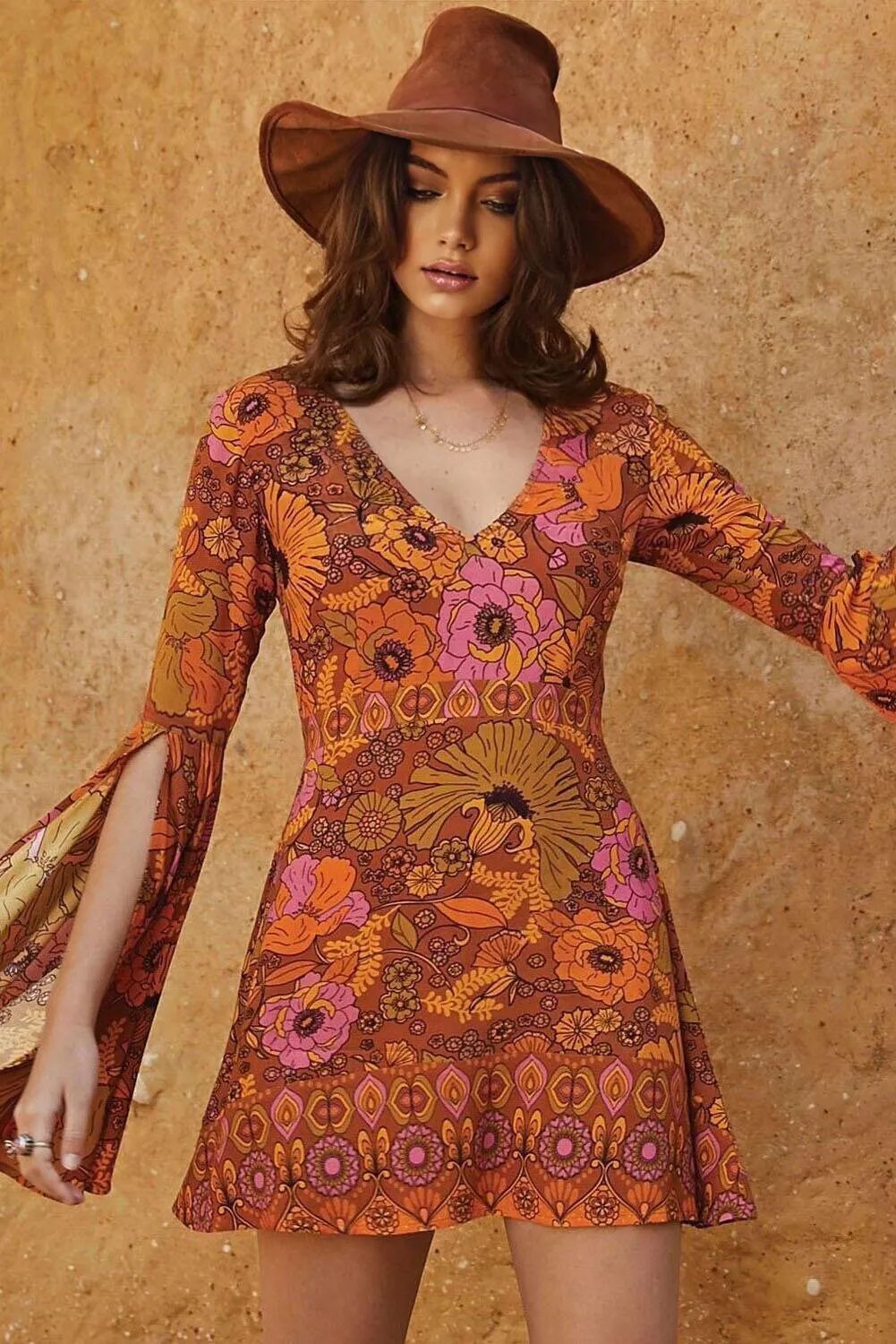 Orange Floral Flare Sleeve Jupiter Dress