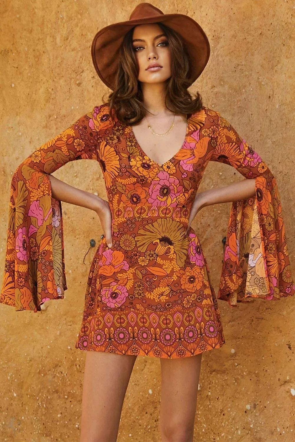 Orange Floral Flare Sleeve Jupiter Dress