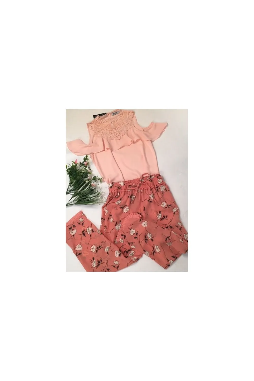 Pink Small Print Floral Pleat Hem Trousers