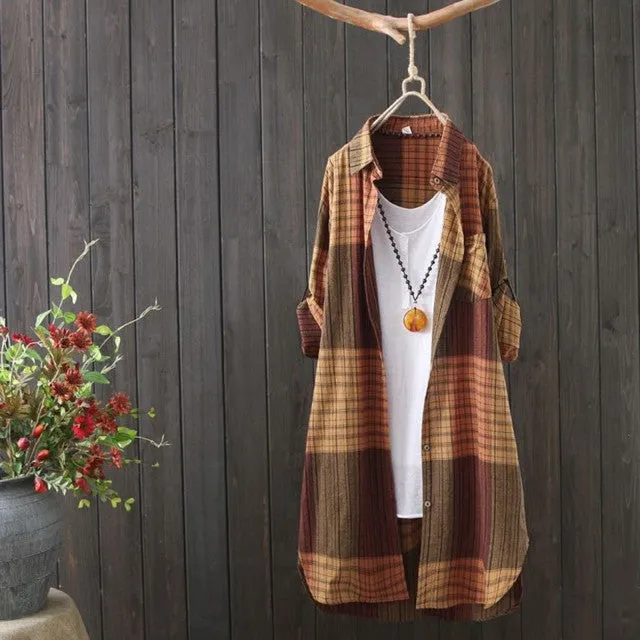 Plaid Casual Loose Button Up Modest Tunic