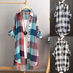 Plaid Casual Loose Button Up Modest Tunic