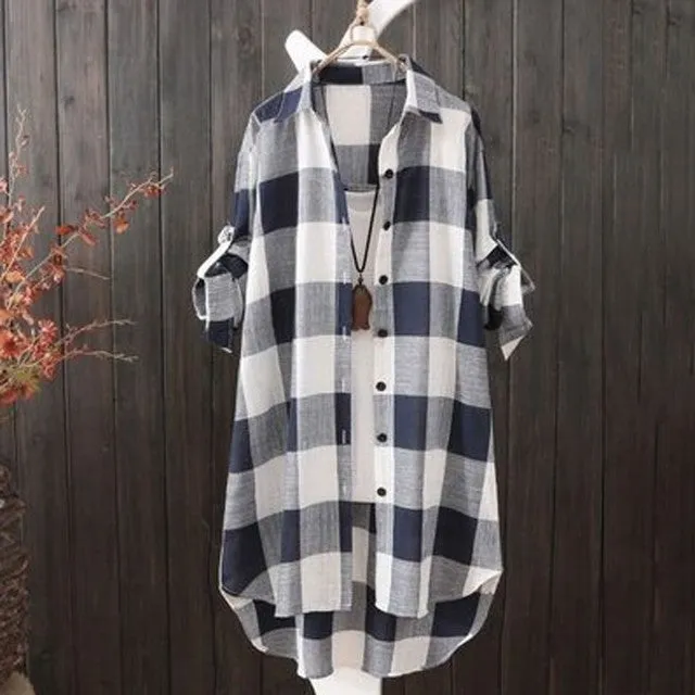 Plaid Casual Loose Button Up Modest Tunic