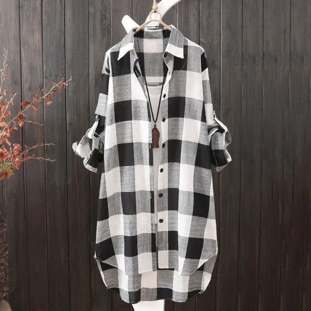 Plaid Casual Loose Button Up Modest Tunic