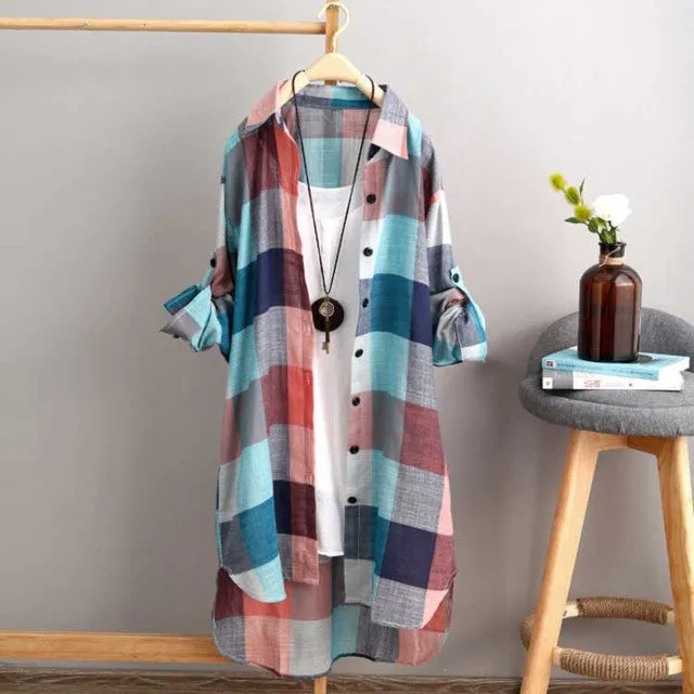 Plaid Casual Loose Button Up Modest Tunic