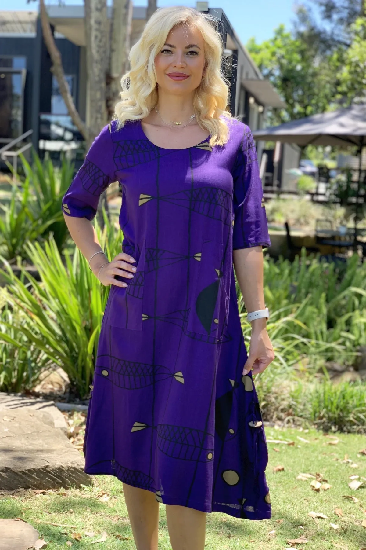 Purple Linen Cotton Print Tunic Dress