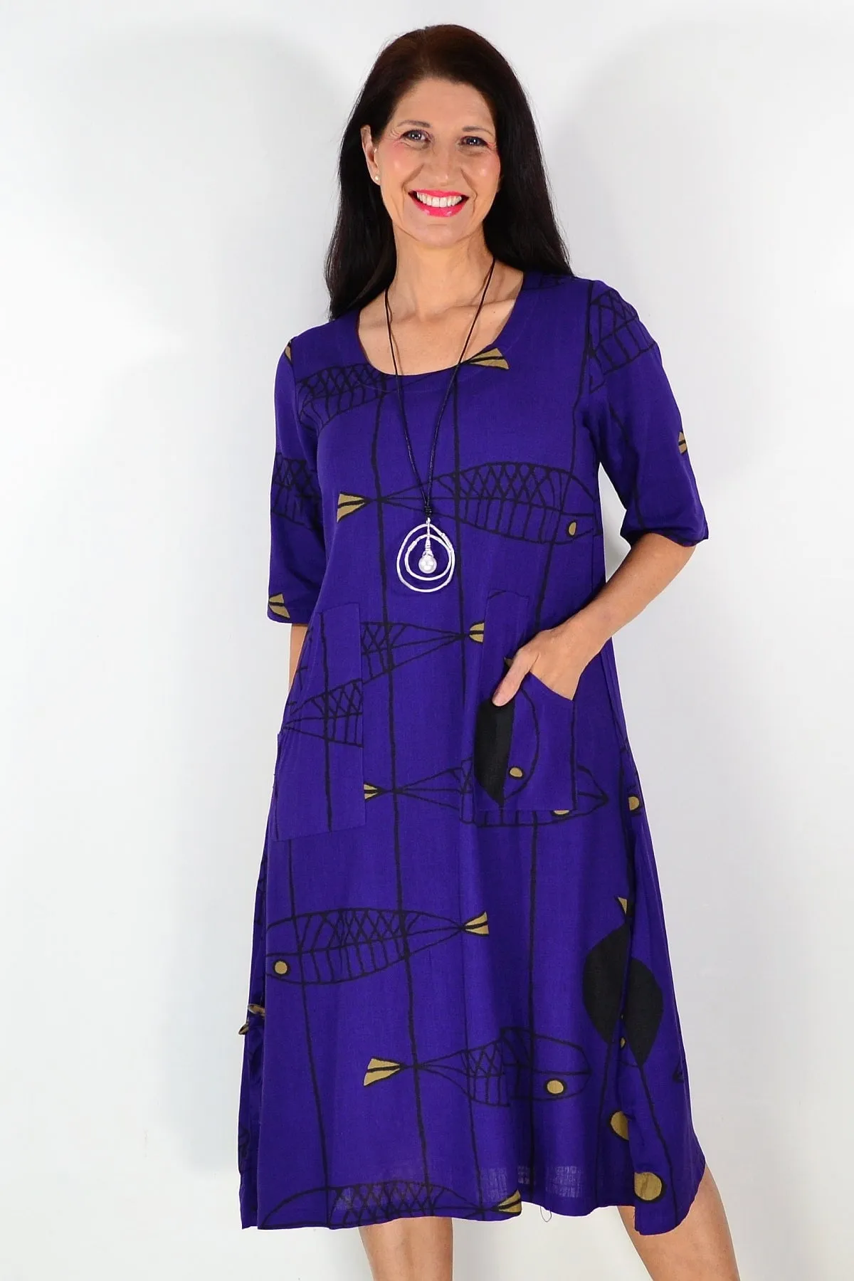 Purple Linen Cotton Print Tunic Dress