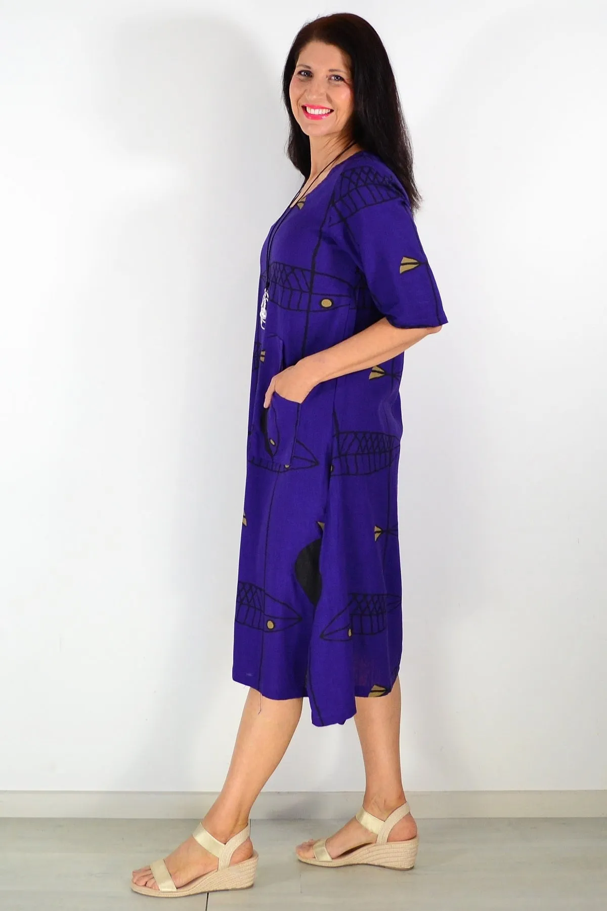 Purple Linen Cotton Print Tunic Dress