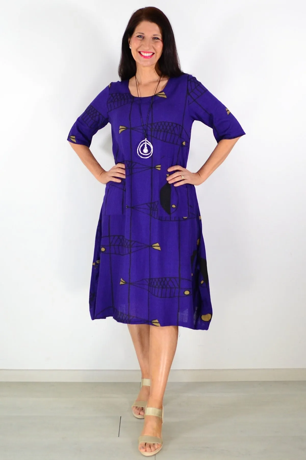 Purple Linen Cotton Print Tunic Dress