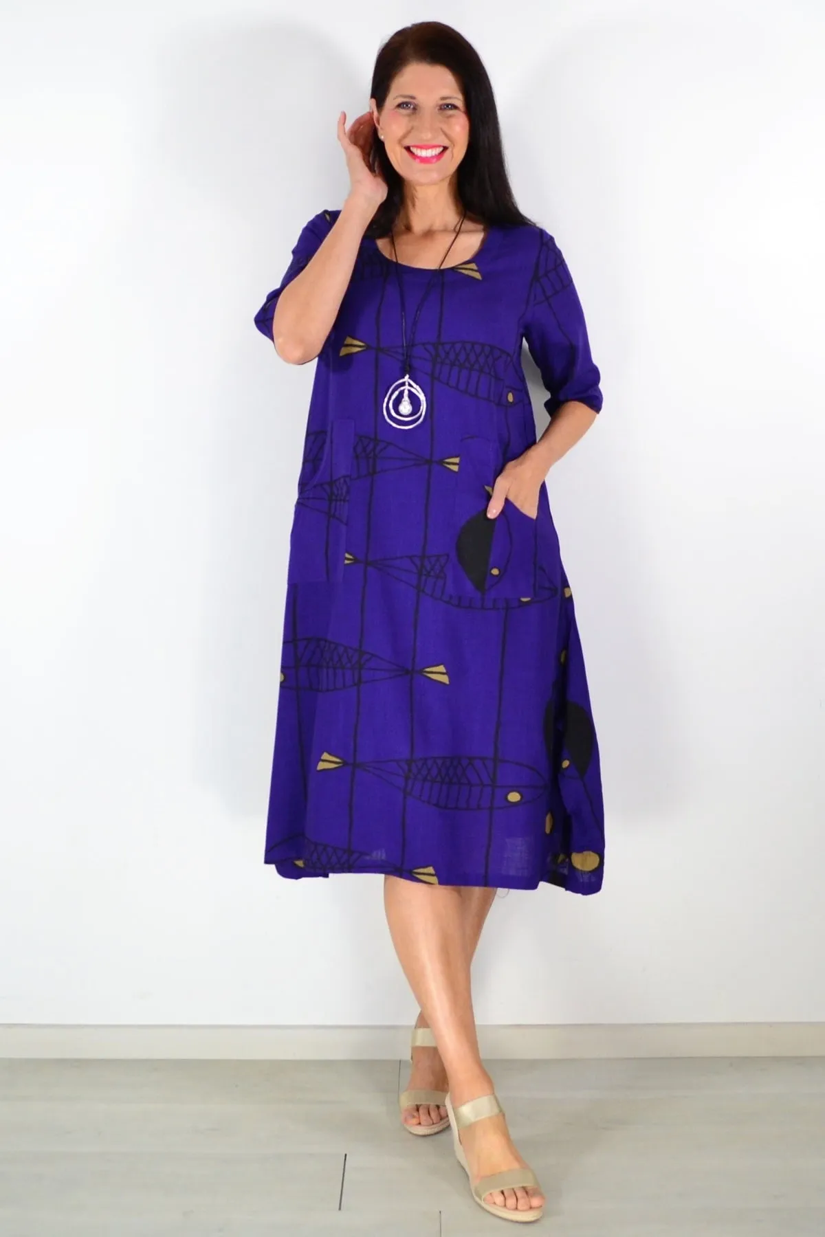 Purple Linen Cotton Print Tunic Dress