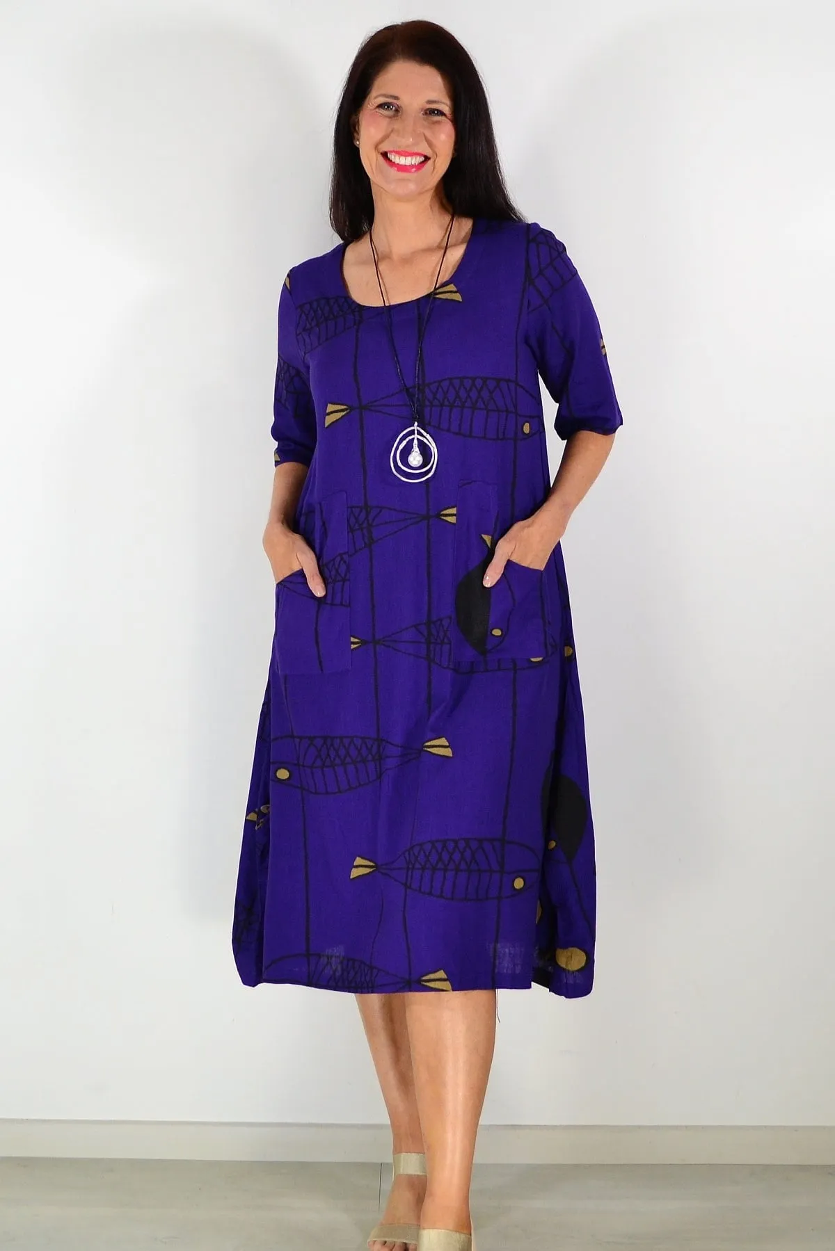 Purple Linen Cotton Print Tunic Dress