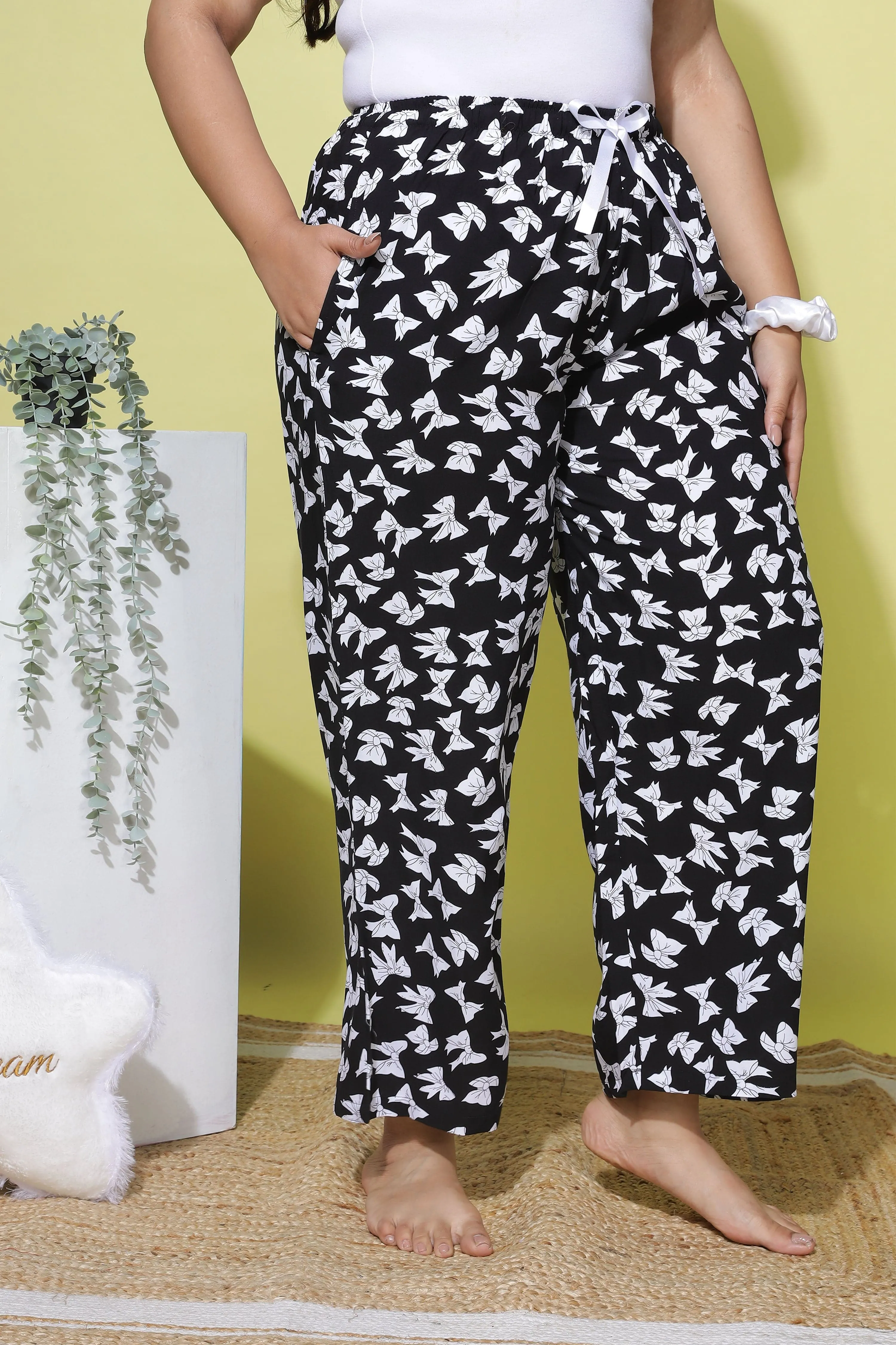 Rayon Plus Size Palazzo Pants Ribbon Black