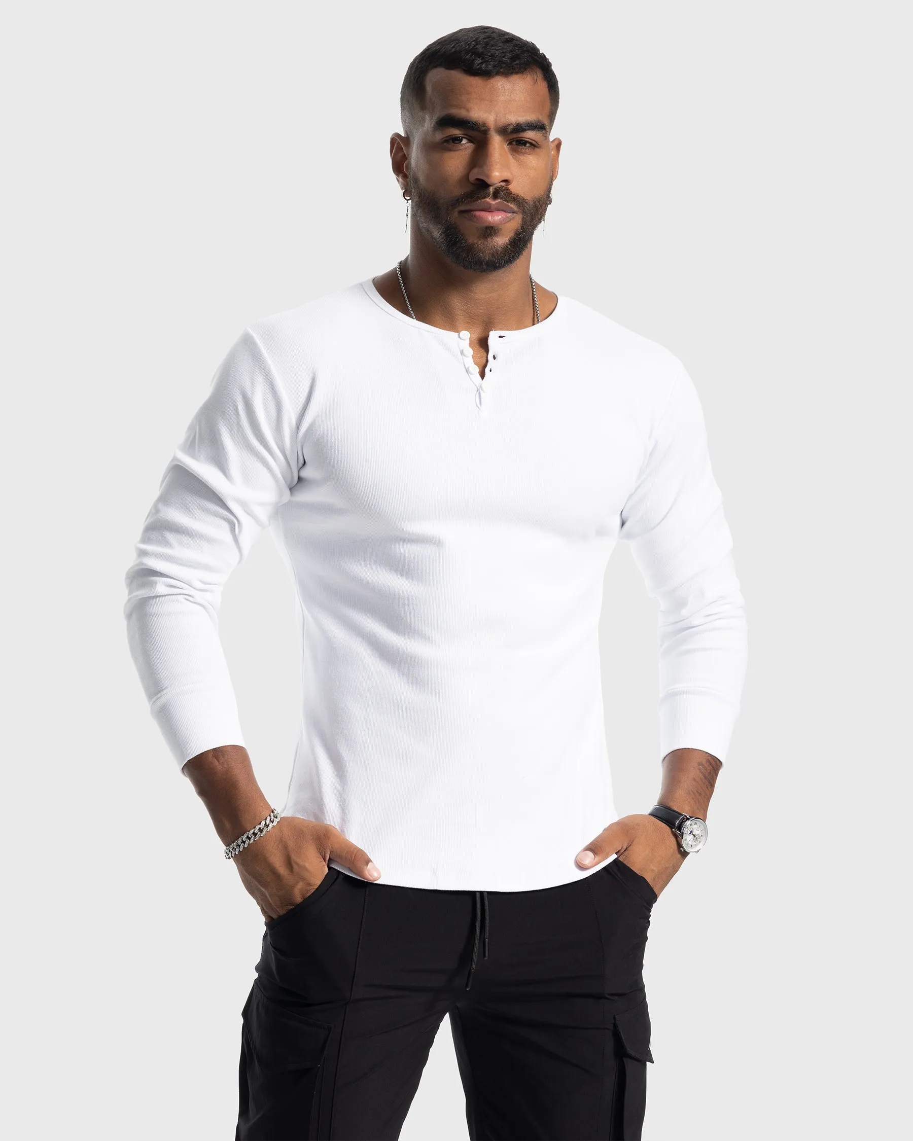 Rib Knit Curved Hem Stretch Long Sleeve Henley Shirt