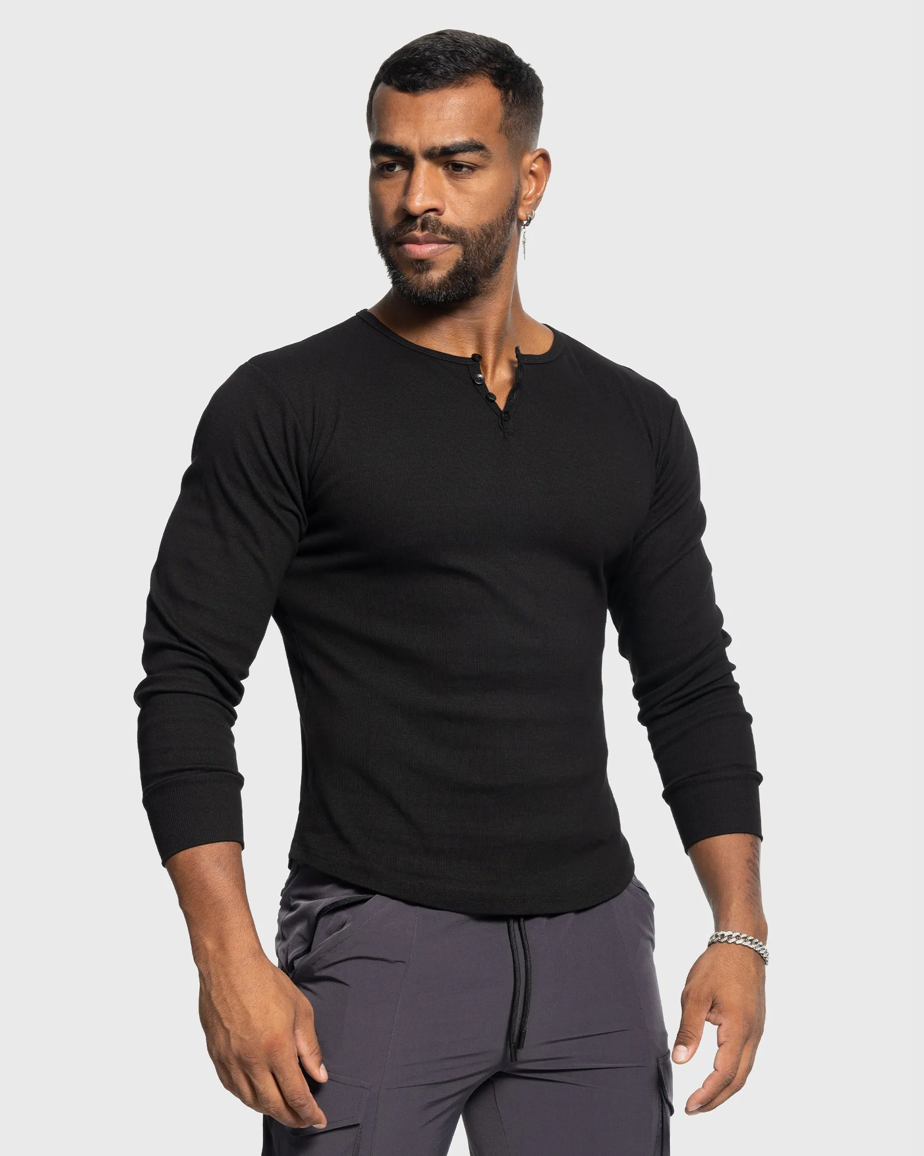 Rib Knit Curved Hem Stretch Long Sleeve Henley Shirt