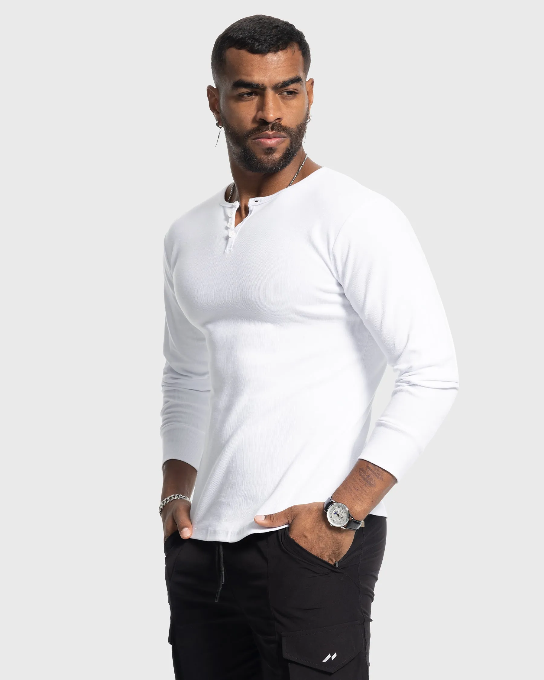 Rib Knit Curved Hem Stretch Long Sleeve Henley Shirt