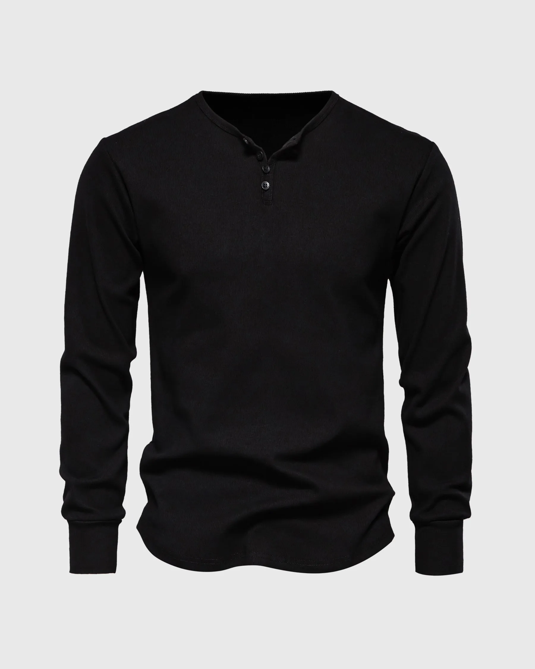 Rib Knit Curved Hem Stretch Long Sleeve Henley Shirt