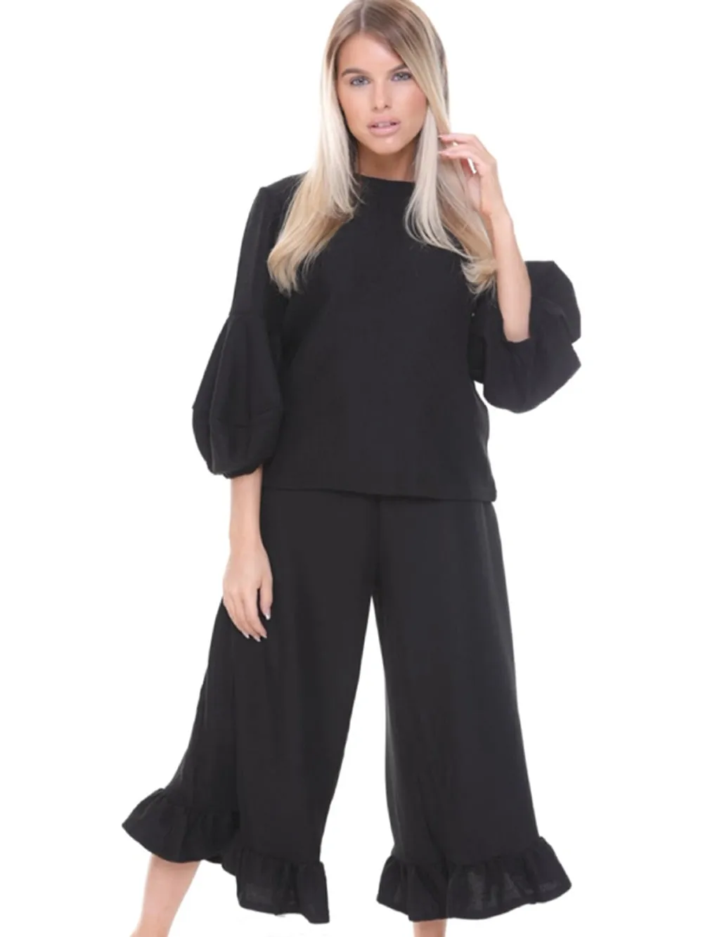 Ribbed Knit Puffer Sleeve Jumper and Wide Leg Ruffle Culotte Trouser Co-Ord Set