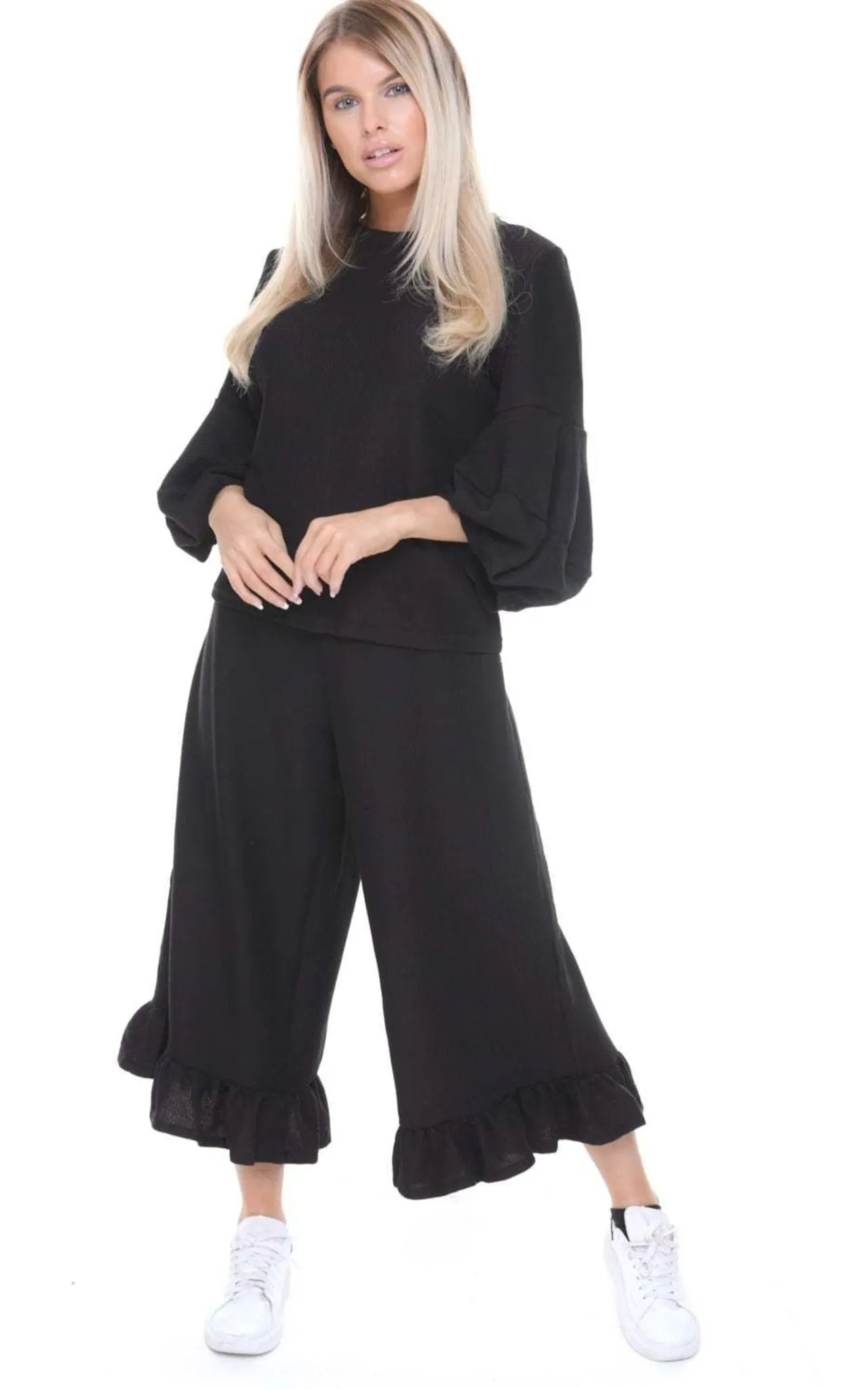 Ribbed Knit Puffer Sleeve Jumper and Wide Leg Ruffle Culotte Trouser Co-Ord Set