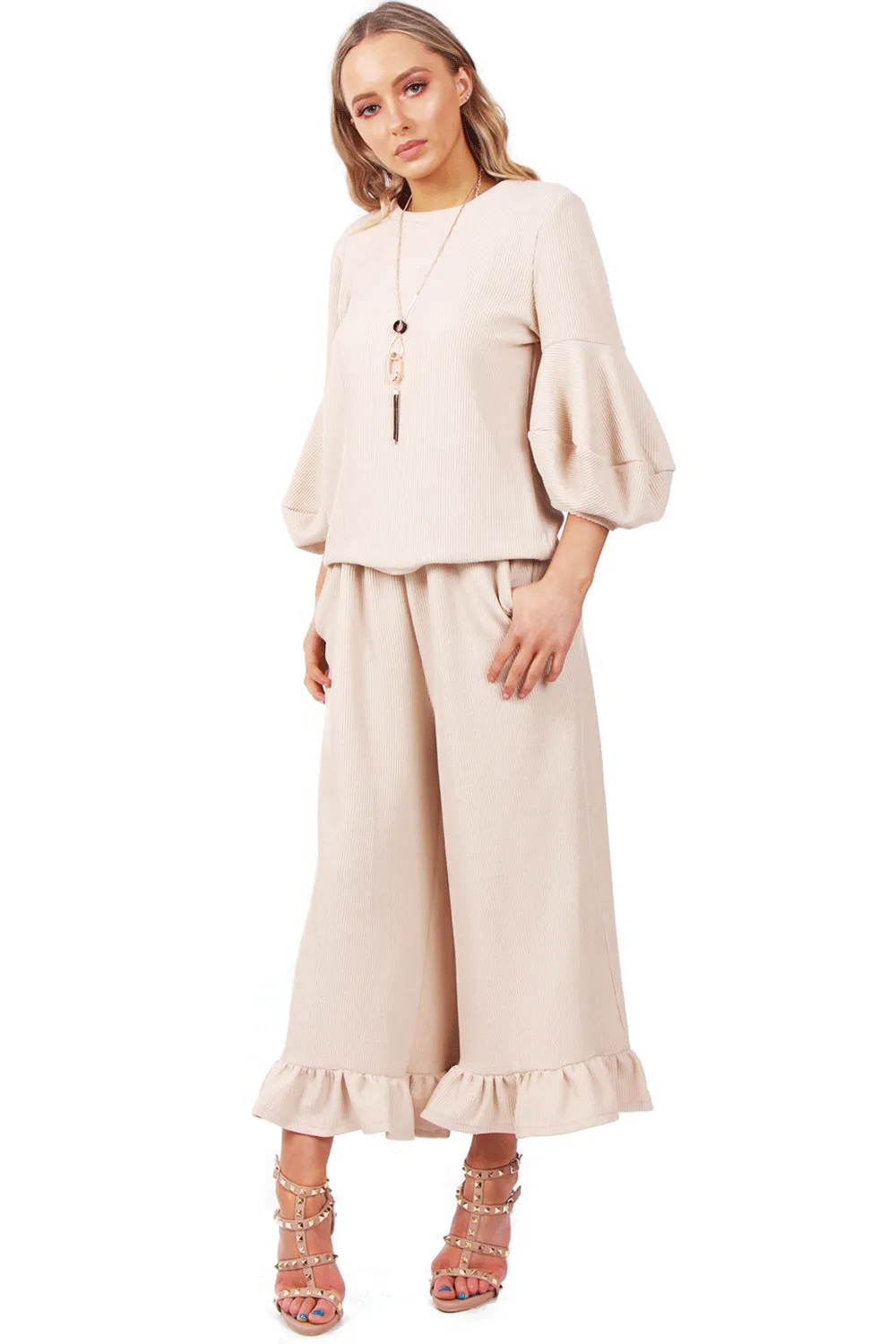 Ribbed Knit Puffer Sleeve Jumper and Wide Leg Ruffle Culotte Trouser Co-Ord Set