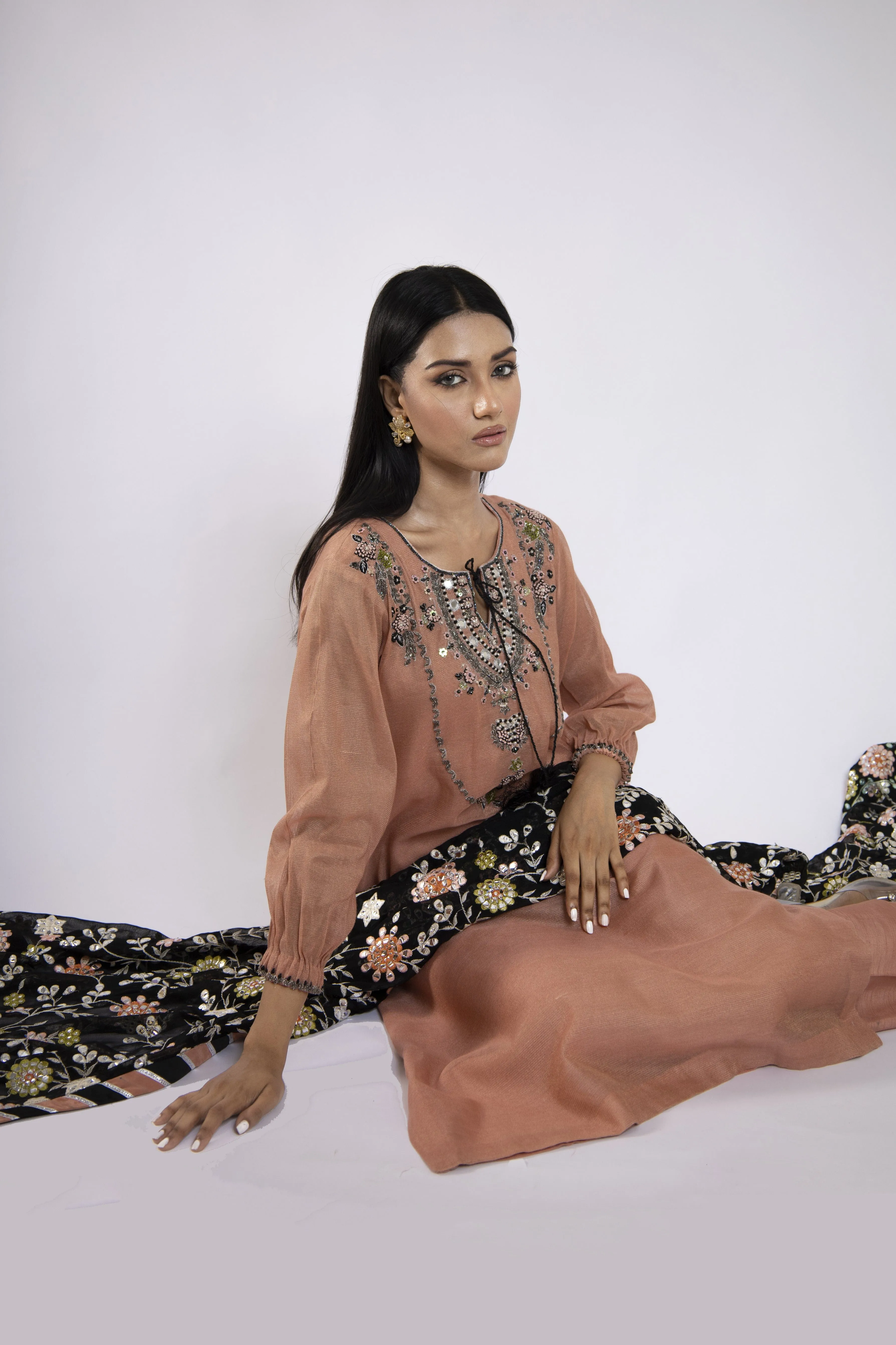 Sadia Aamir - Azara - Tea Pink Khaddi Net Shirt and Silk Culottes with Chiffon Dupatta - 3 Piece