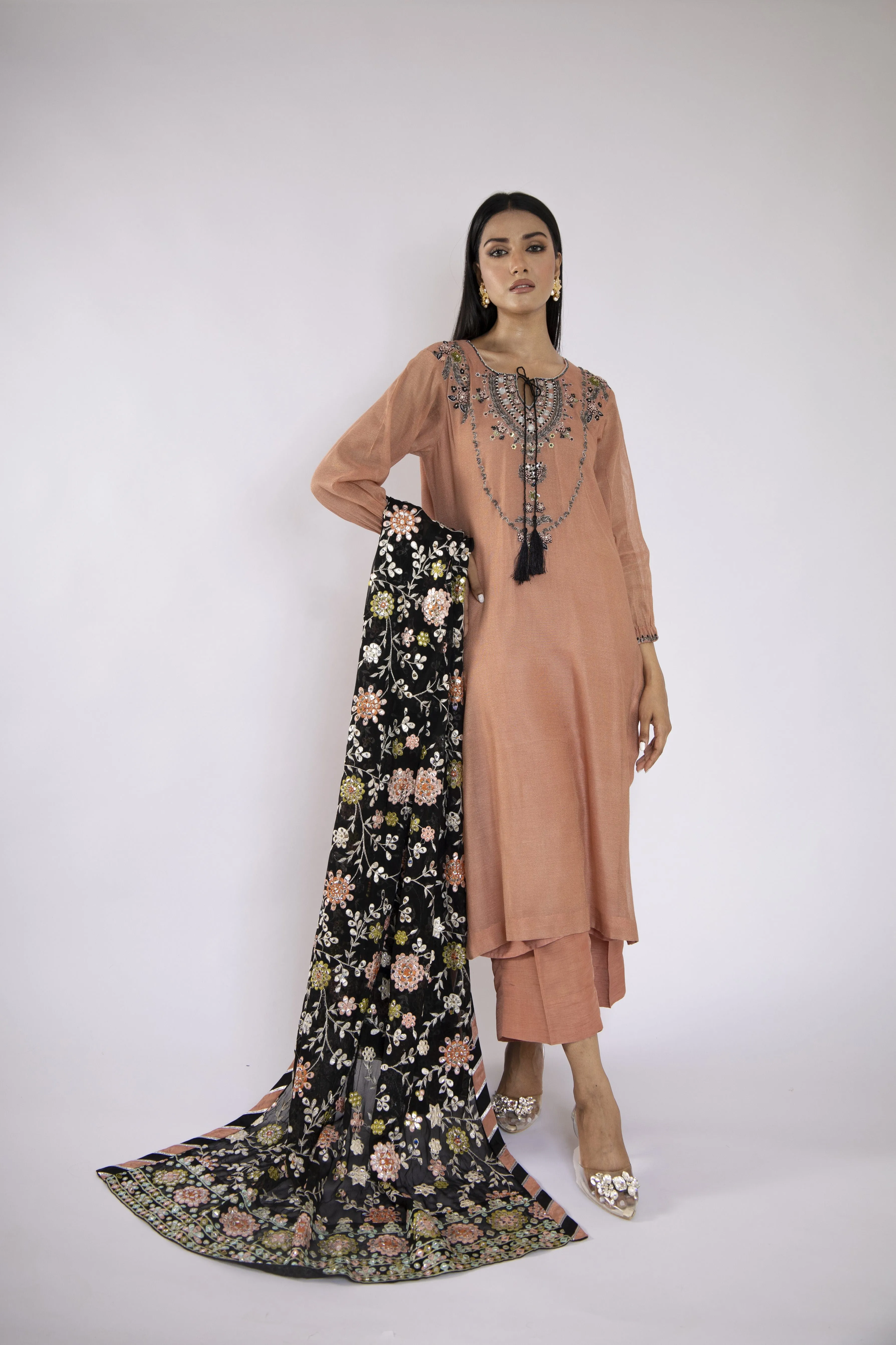 Sadia Aamir - Azara - Tea Pink Khaddi Net Shirt and Silk Culottes with Chiffon Dupatta - 3 Piece