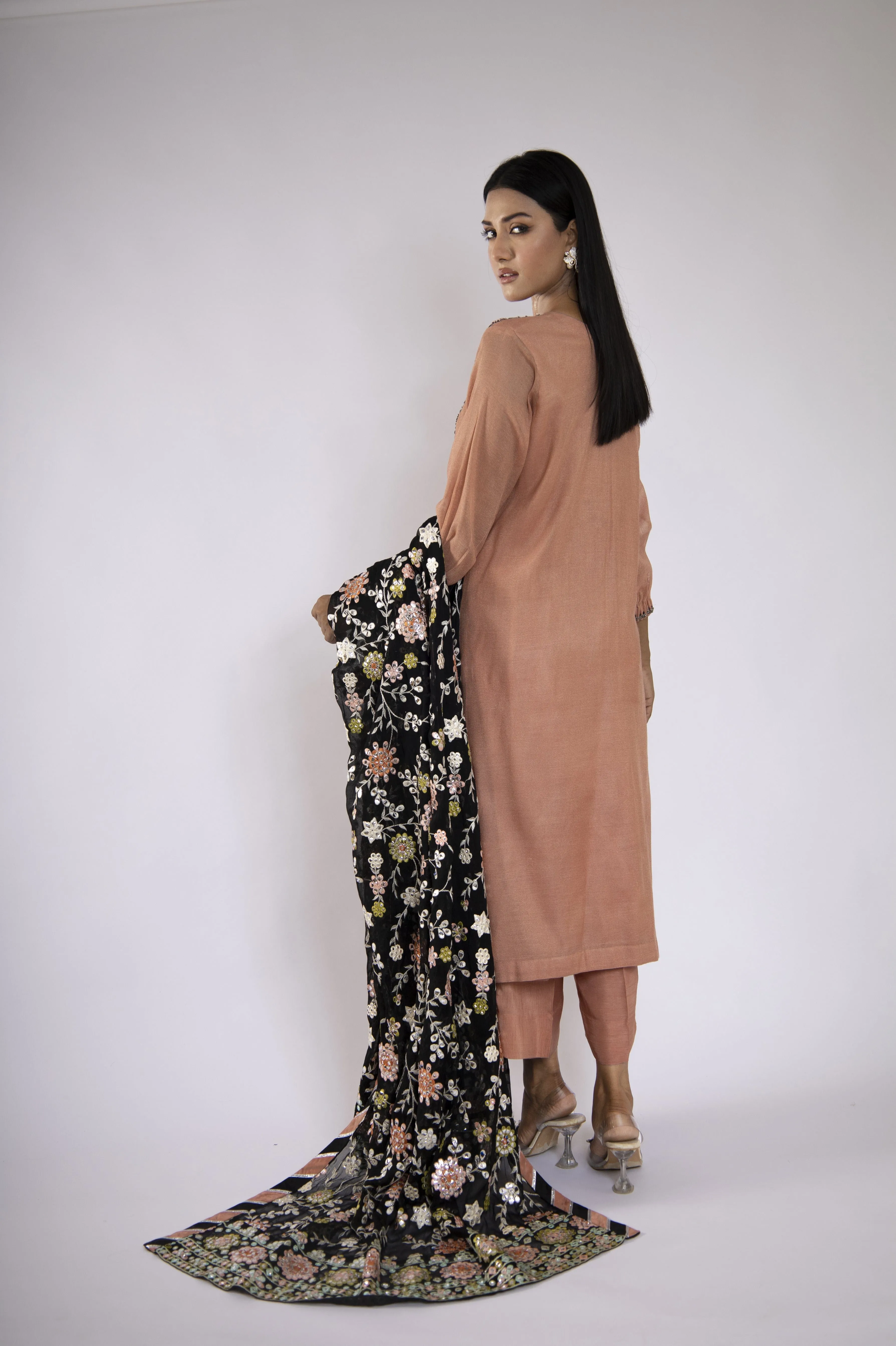 Sadia Aamir - Azara - Tea Pink Khaddi Net Shirt and Silk Culottes with Chiffon Dupatta - 3 Piece