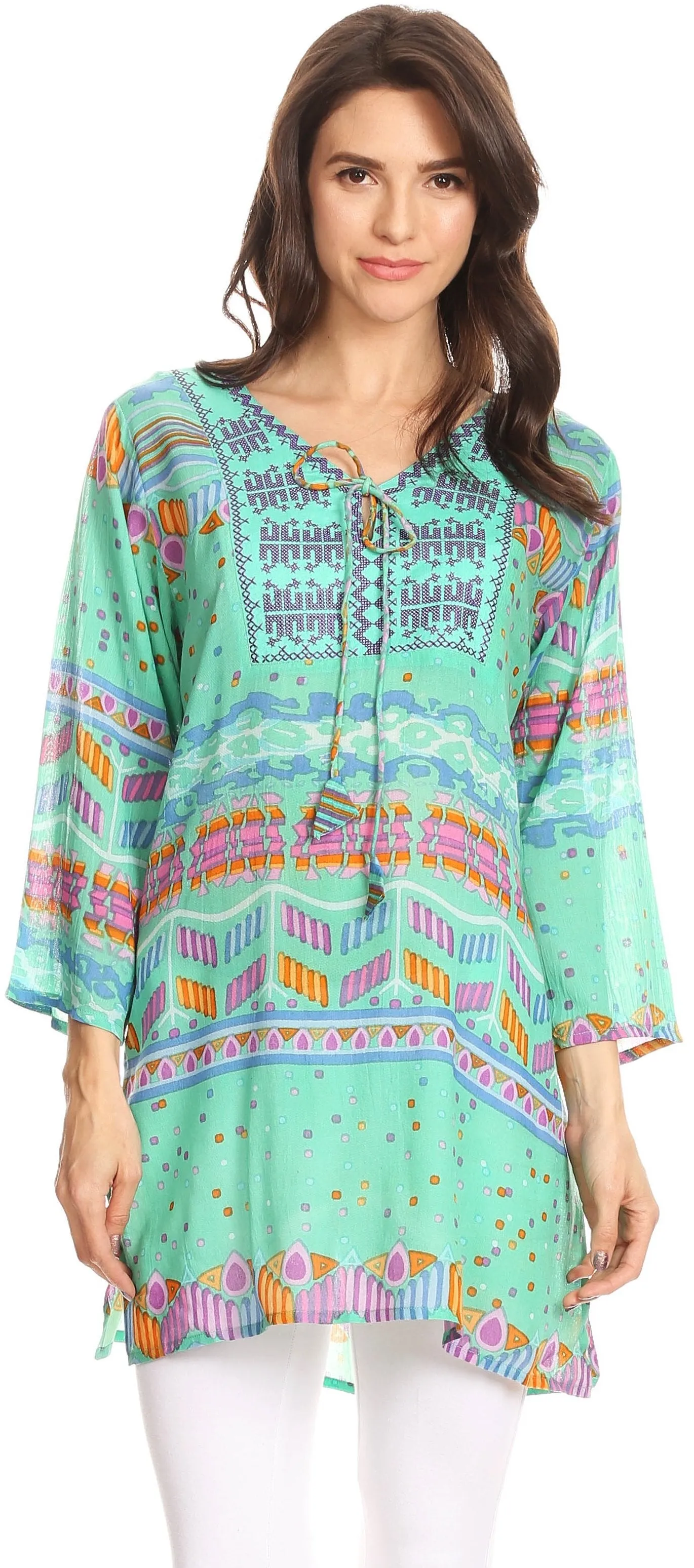 Sakkas Carina Tie Front 3/4 Sleeve Tunic with Cross Stitch Embroidery