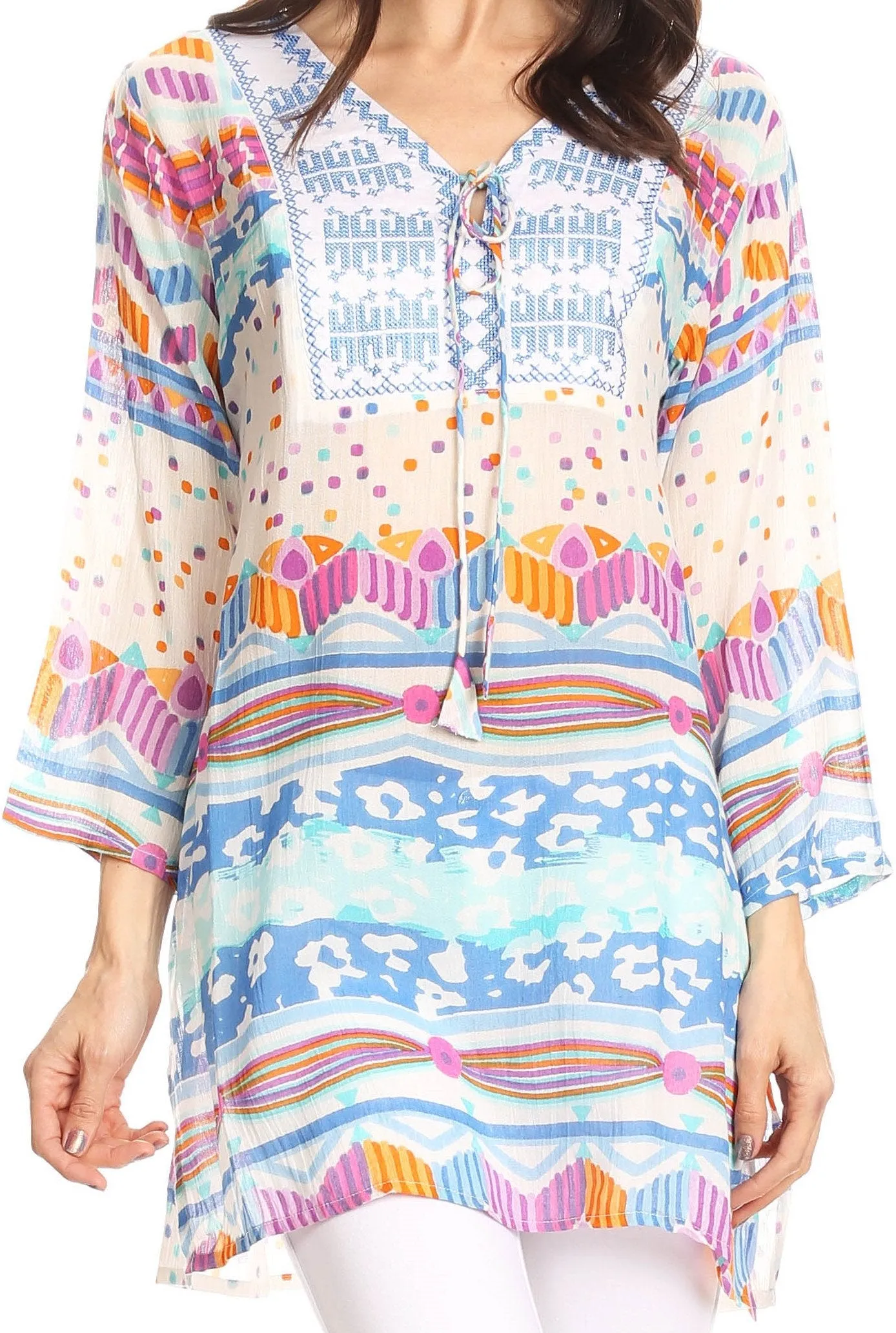 Sakkas Carina Tie Front 3/4 Sleeve Tunic with Cross Stitch Embroidery