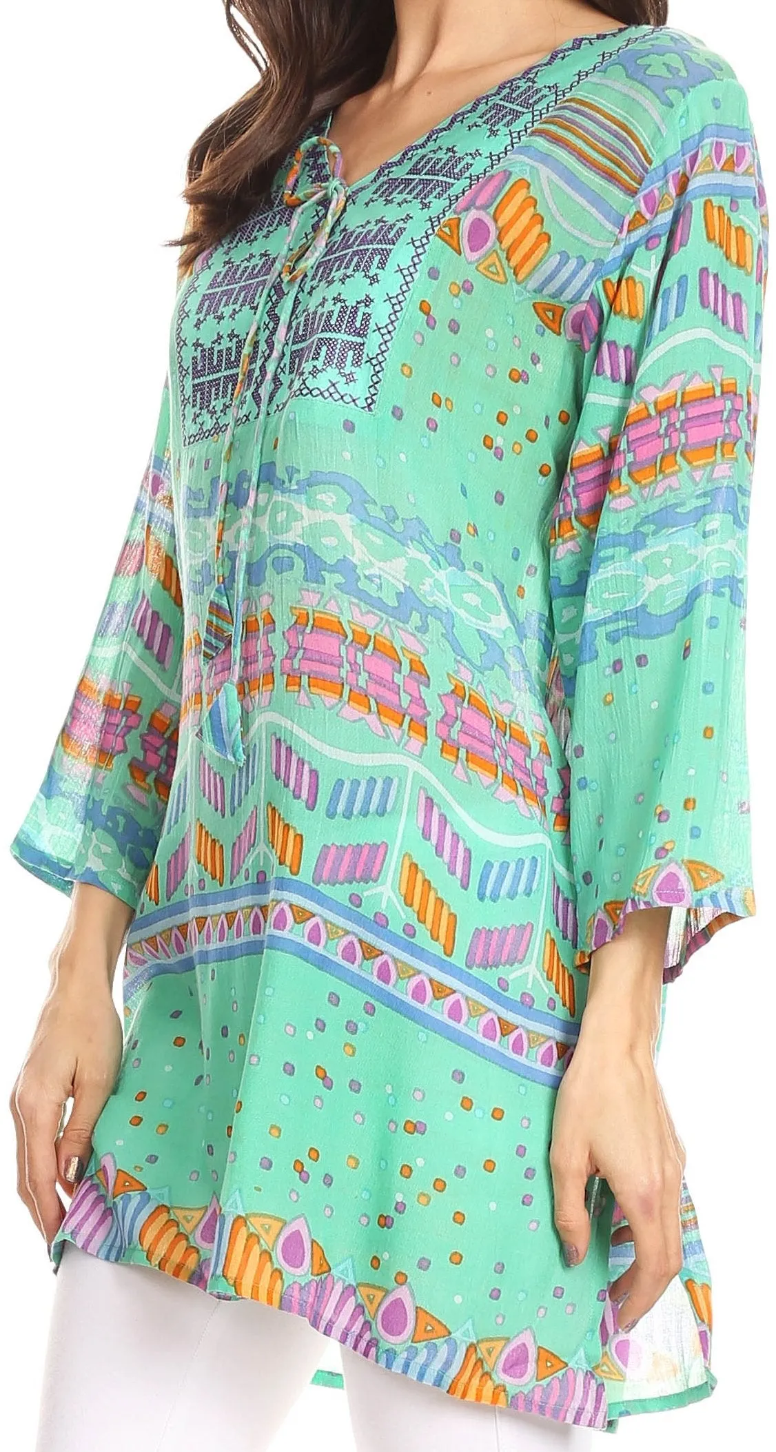 Sakkas Carina Tie Front 3/4 Sleeve Tunic with Cross Stitch Embroidery