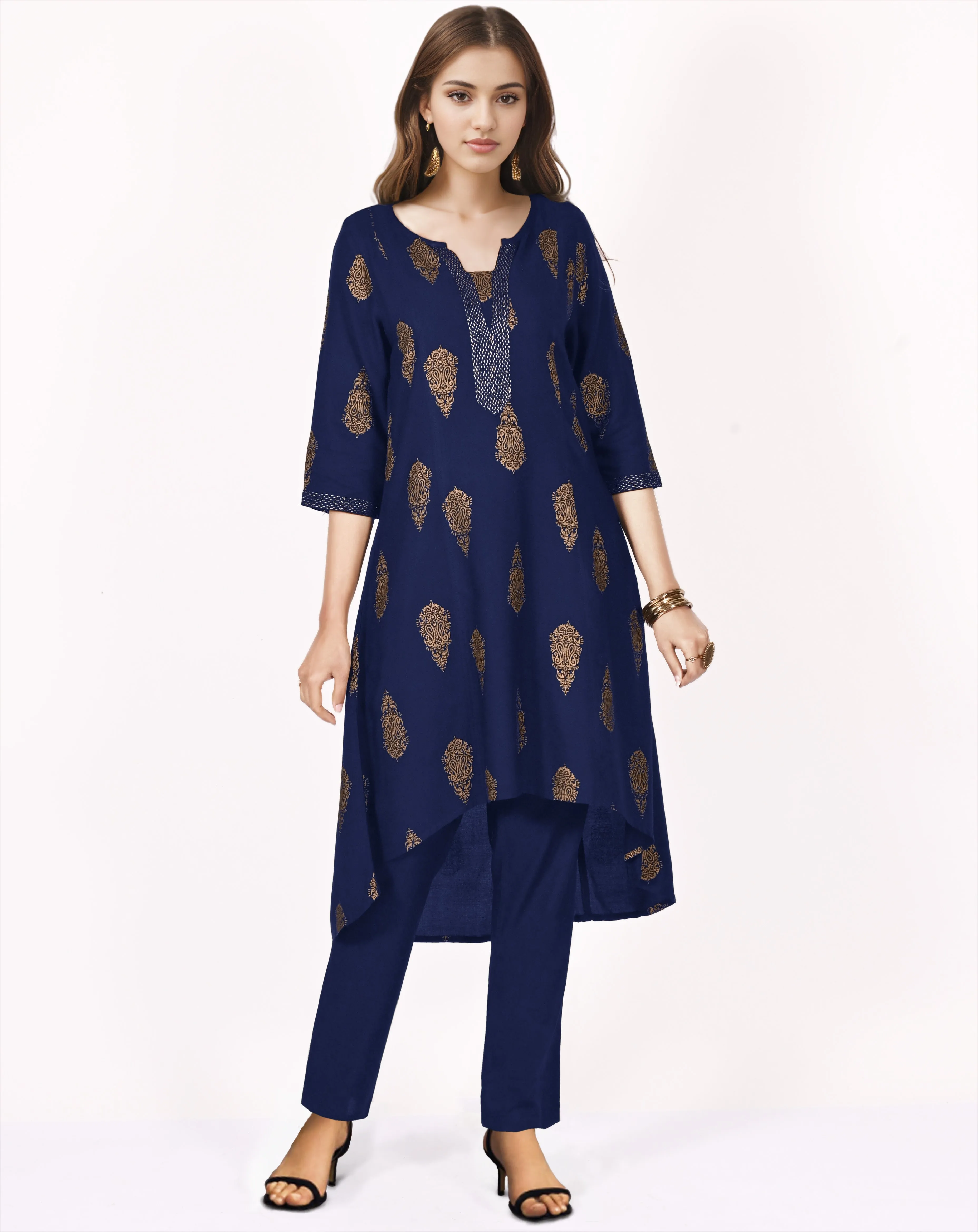 Sejal Pure Cotton Embroidered Block Print Style Tunic with High Low Hem; Made to Order/Customizable