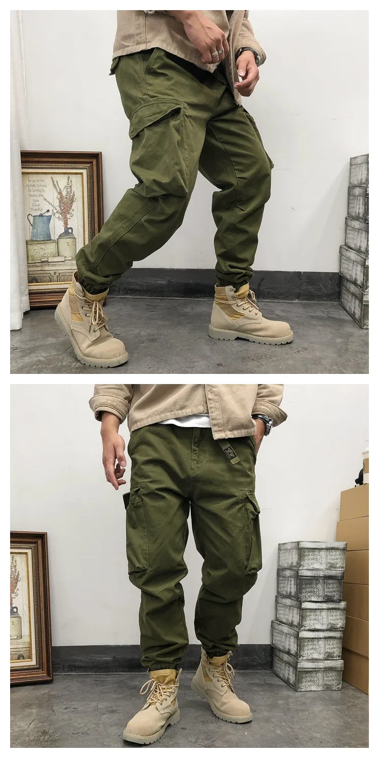 Solid Cotton Pockets Cargo Jogger Pants