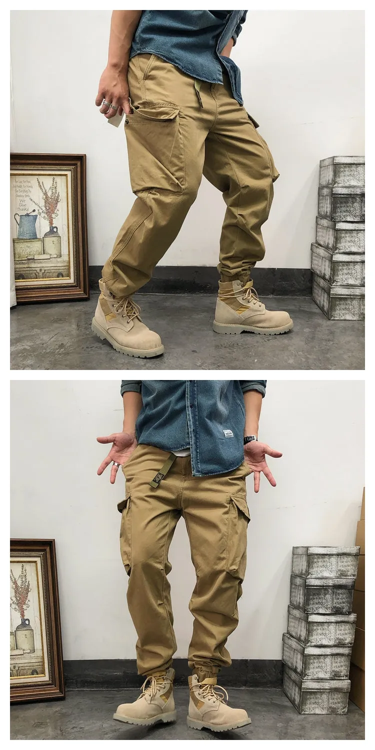 Solid Cotton Pockets Cargo Jogger Pants