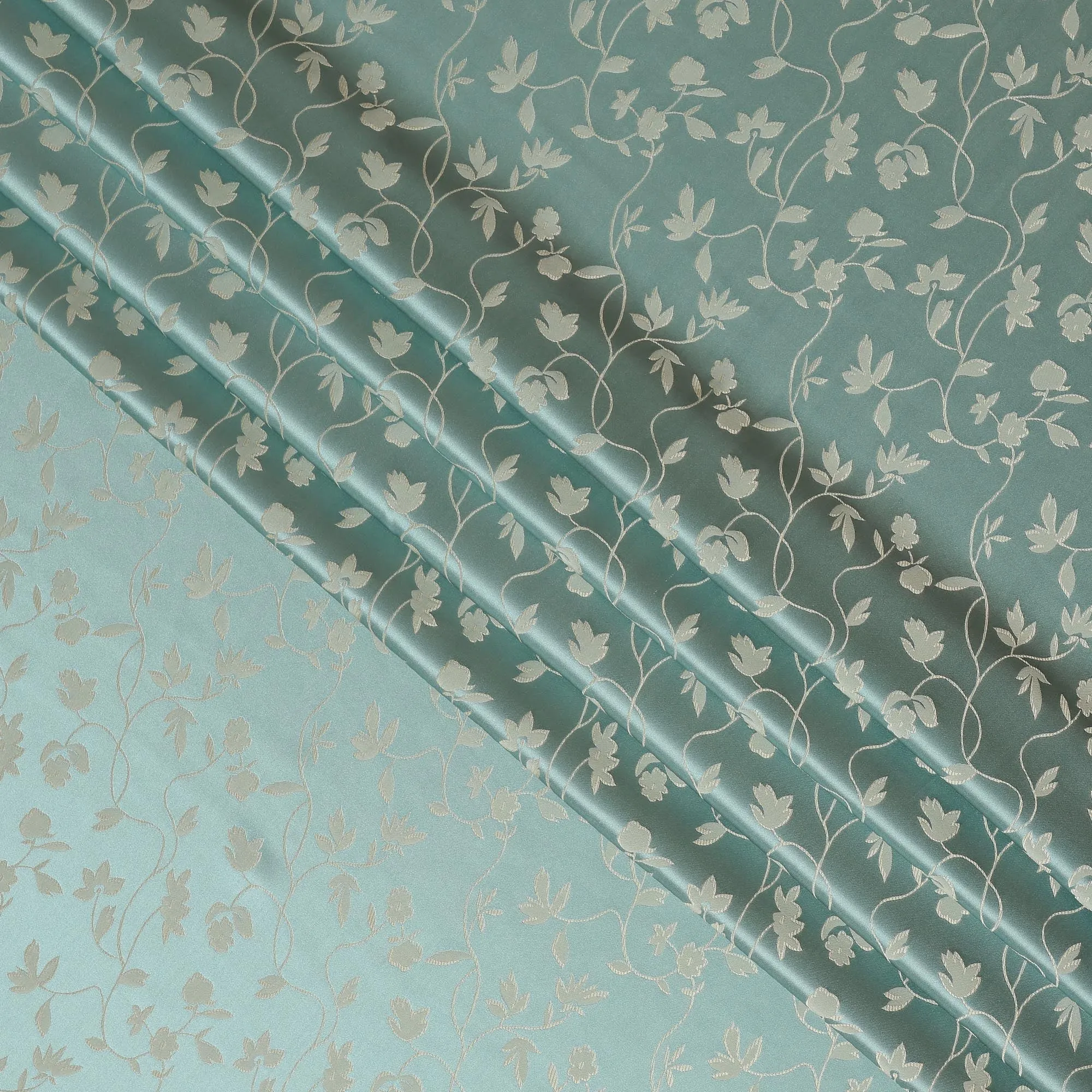 South Korean Silk Satin Jacquard Fabric with Delicate Vine Design on Aqua Background – 110 cm Width-D20344