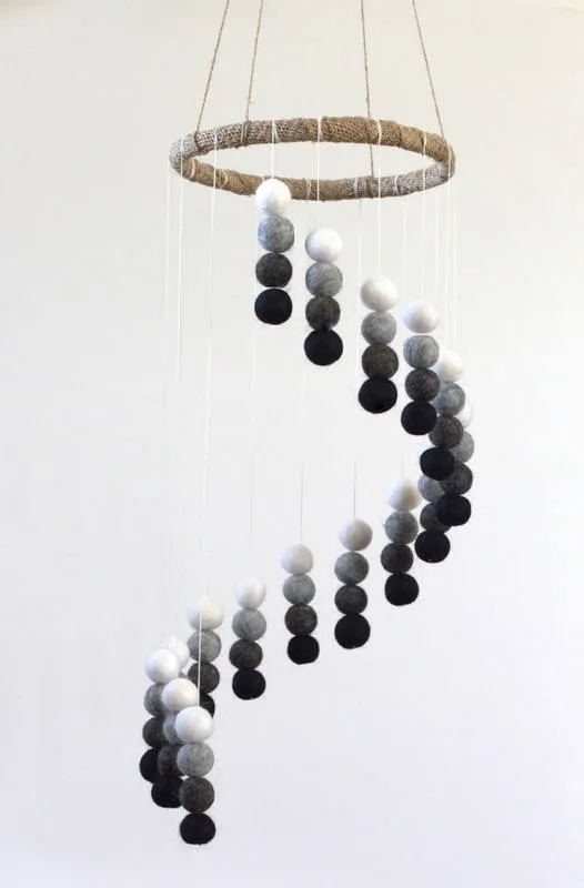 Spiral Felt Ball Mobile- Black, Charcoal, Gray, White