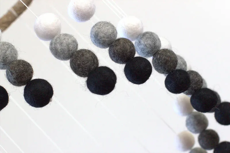 Spiral Felt Ball Mobile- Black, Charcoal, Gray, White