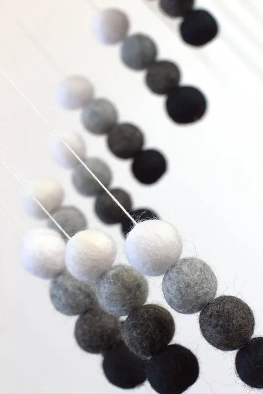 Spiral Felt Ball Mobile- Black, Charcoal, Gray, White